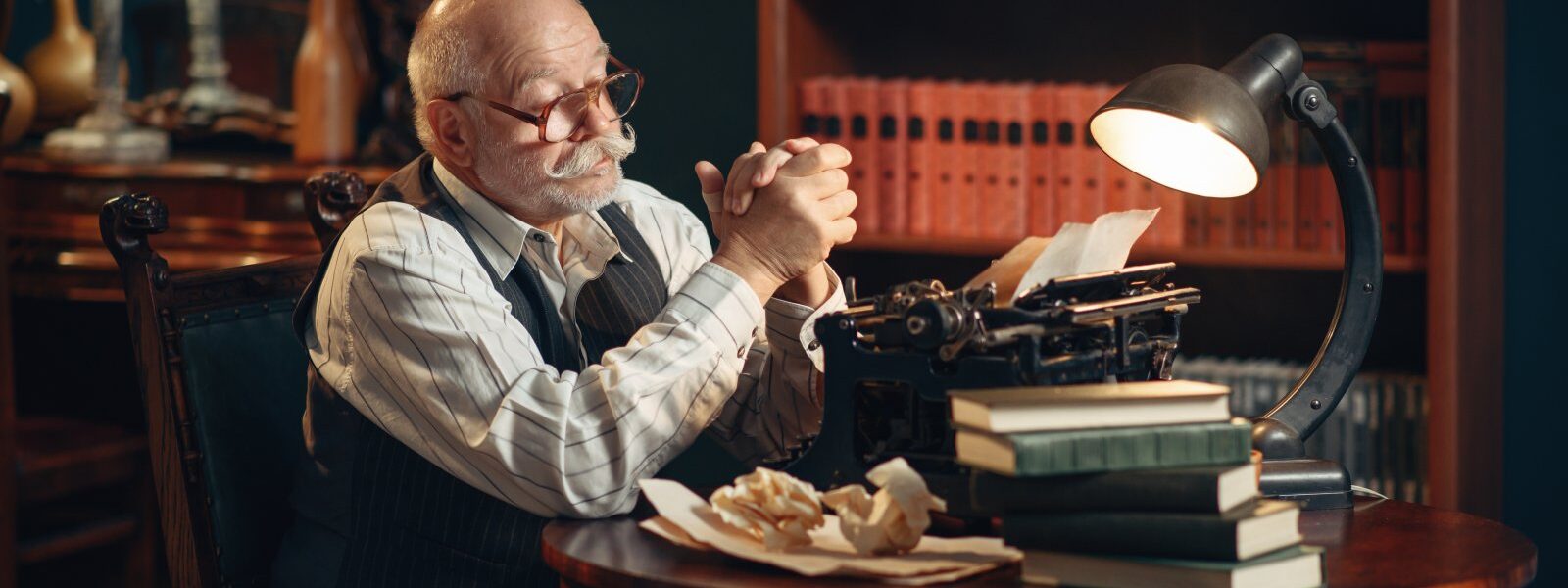 elderly-writer-thinks-at-vintage-typewriter-2023-11-27-05-04-33-utc